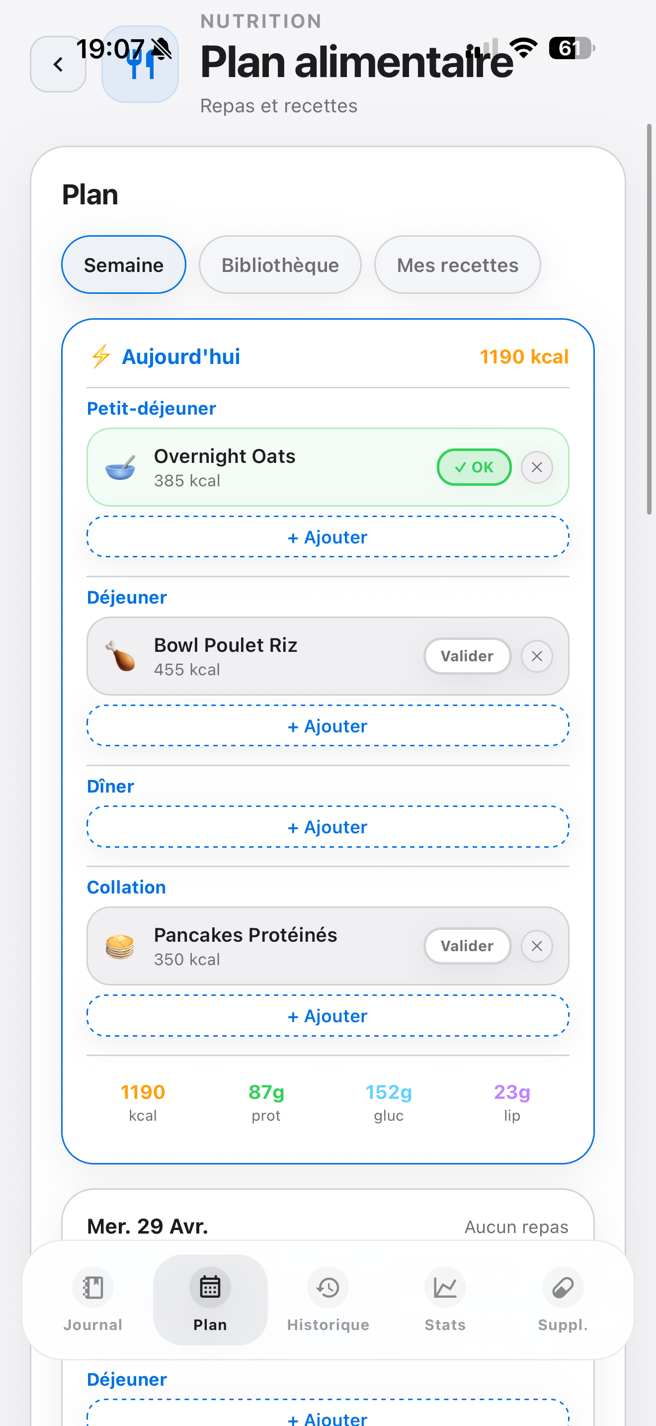 Aperçu du plan alimentaire Elyra.