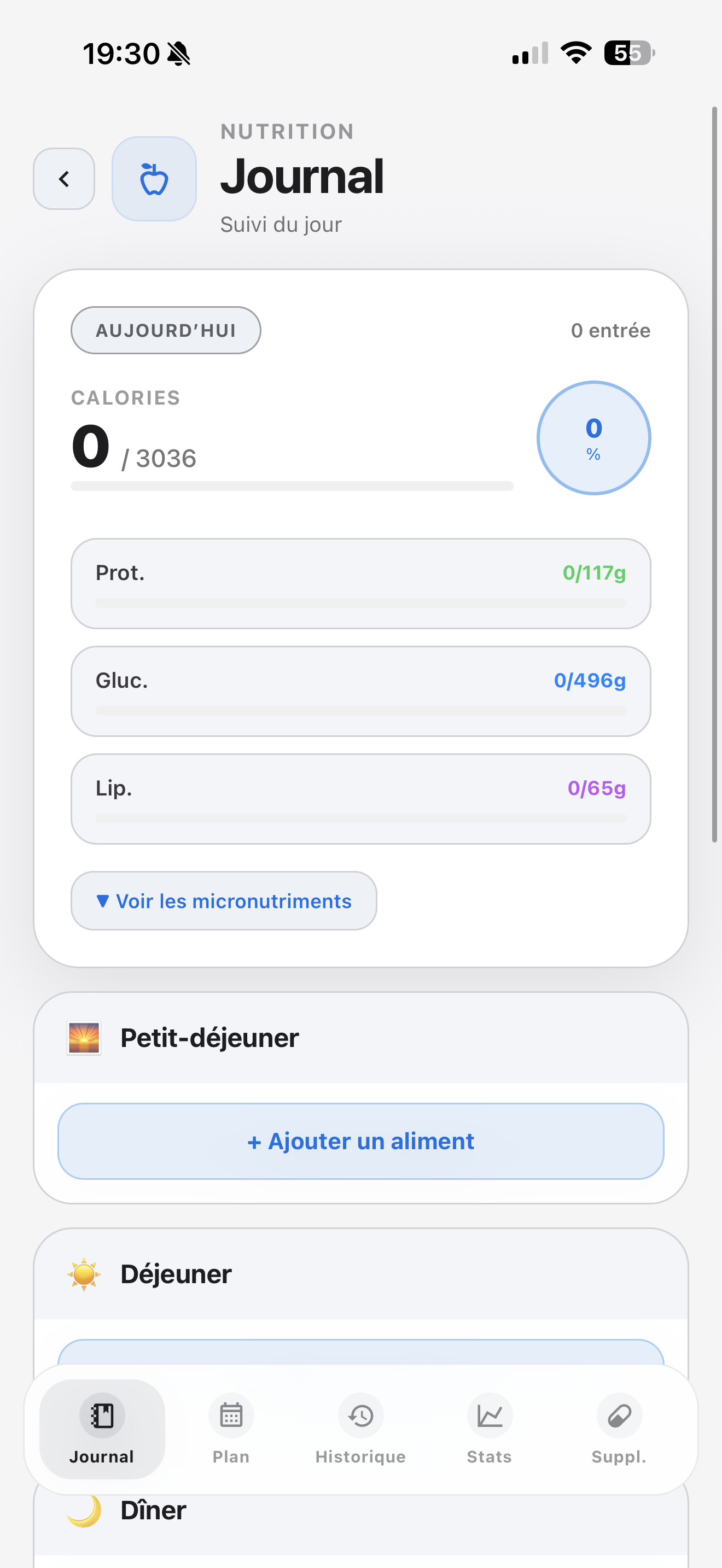 Aperçu du journal nutrition Elyra sur iPhone.